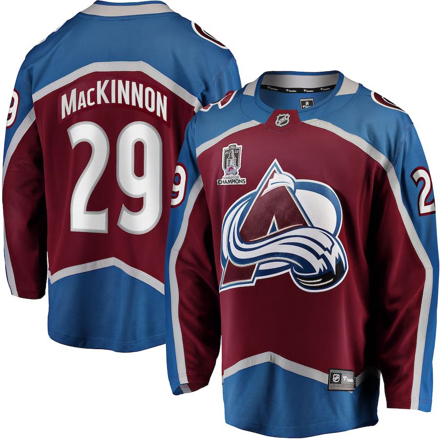 Men Colorado Avalanche 29 Nathan MacKinnon Fanatics Branded Burgundy 2022 Stanley Cup Champions Breakaway Patch Player NHL Jersey